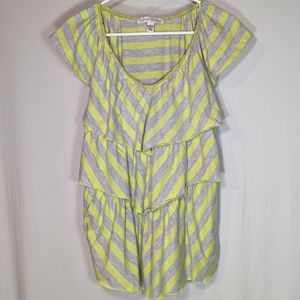 French Laundry Neon Yellow Gray Striped Pullover Blouse Short Sleeve Top Shirt L